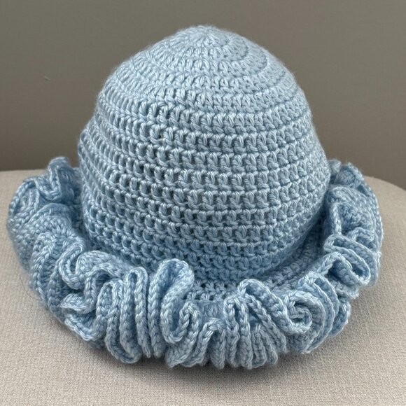 Crochet Ruffle Edge Hat Toque Light Blue - Picture 1 of 5